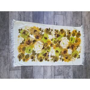 Vtg MCM Bath Towel Flowers Floral 1970s Retro Yellow Green Rose Fringe